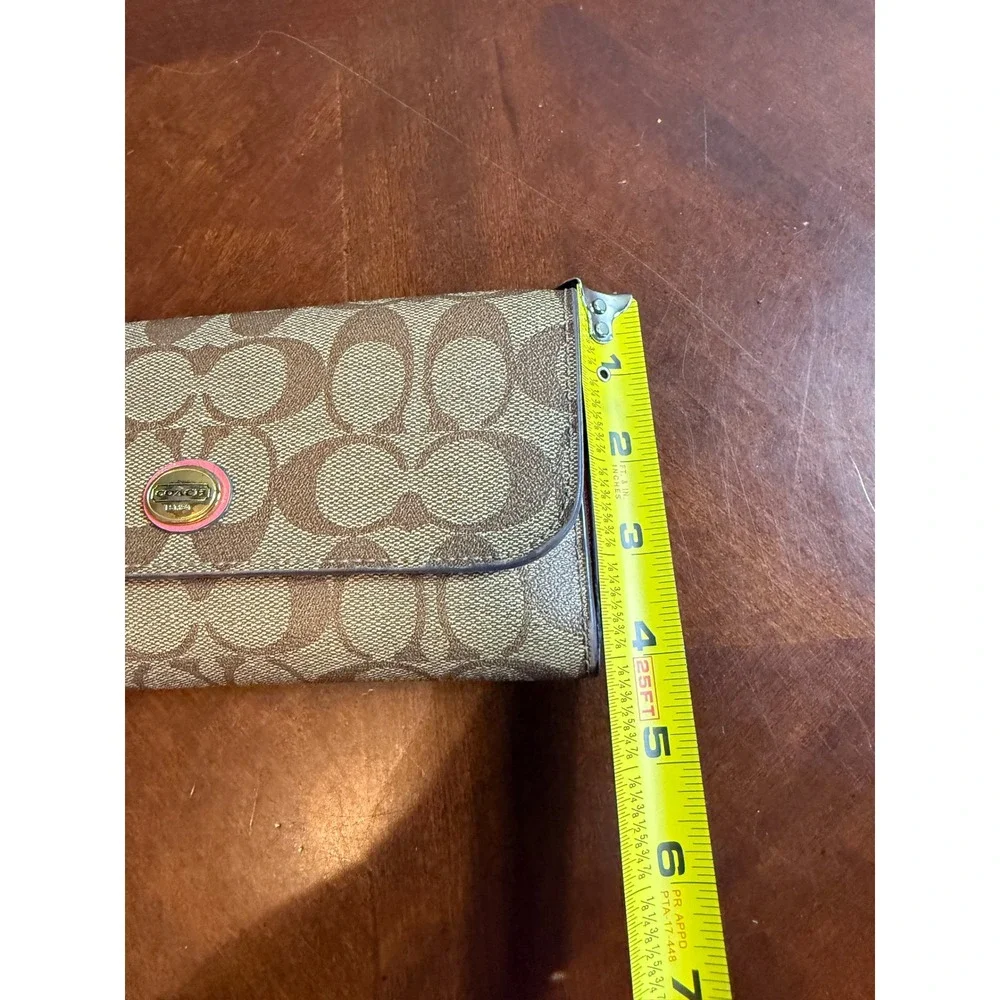 Coach Signature Coated Canvas Slim Envelope Wallet Brown Pink Gold Logo Plaque